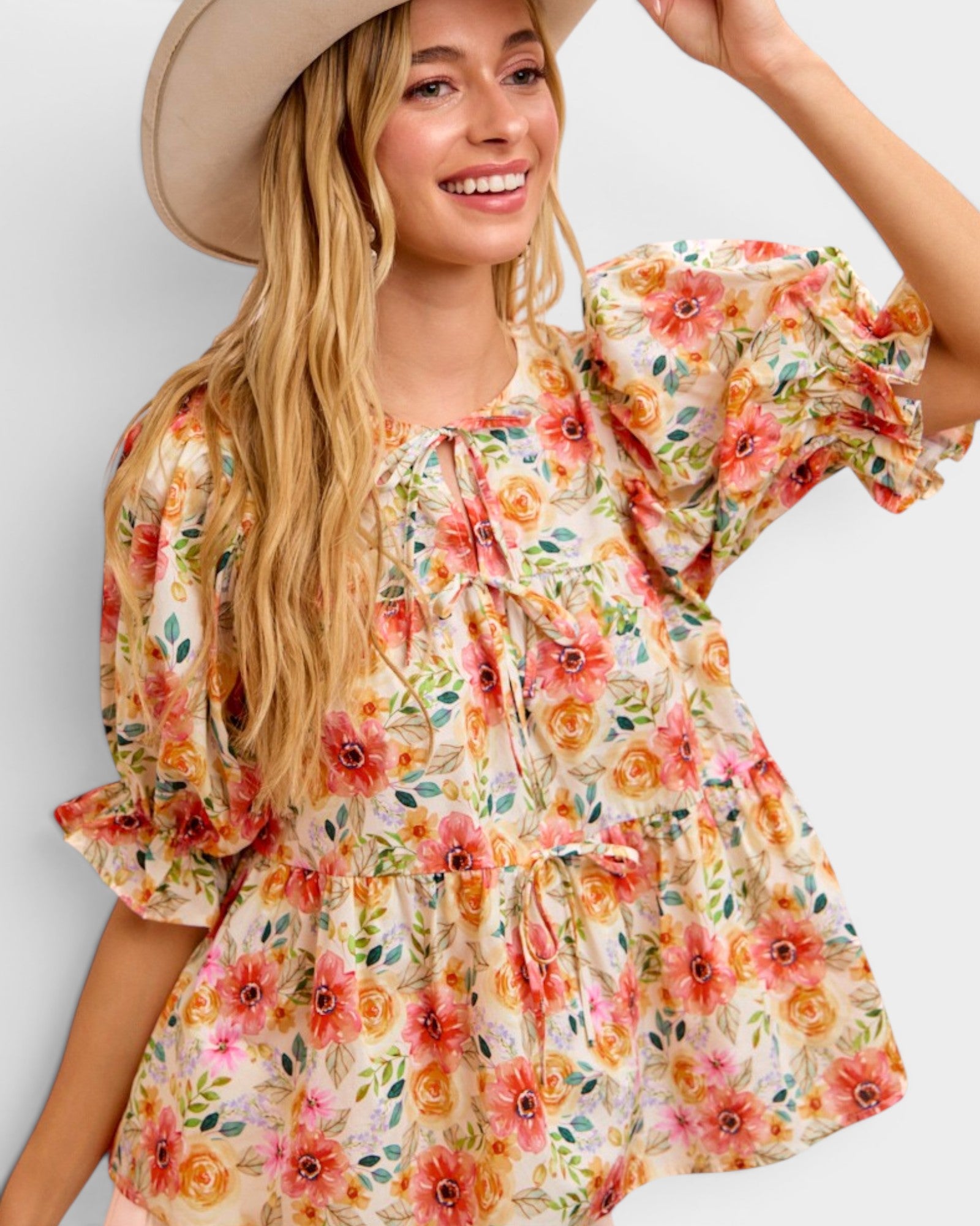 Coral Floral Tie Front Peplum Top