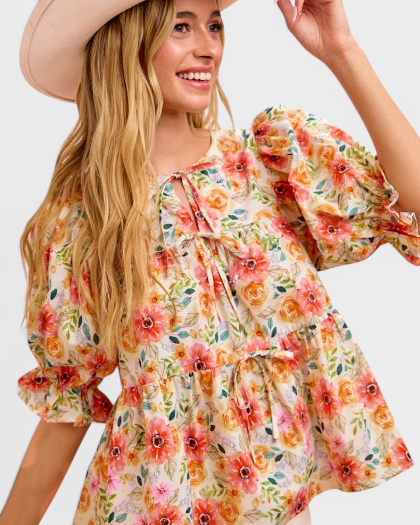 Coral Floral Tie Front Peplum Top