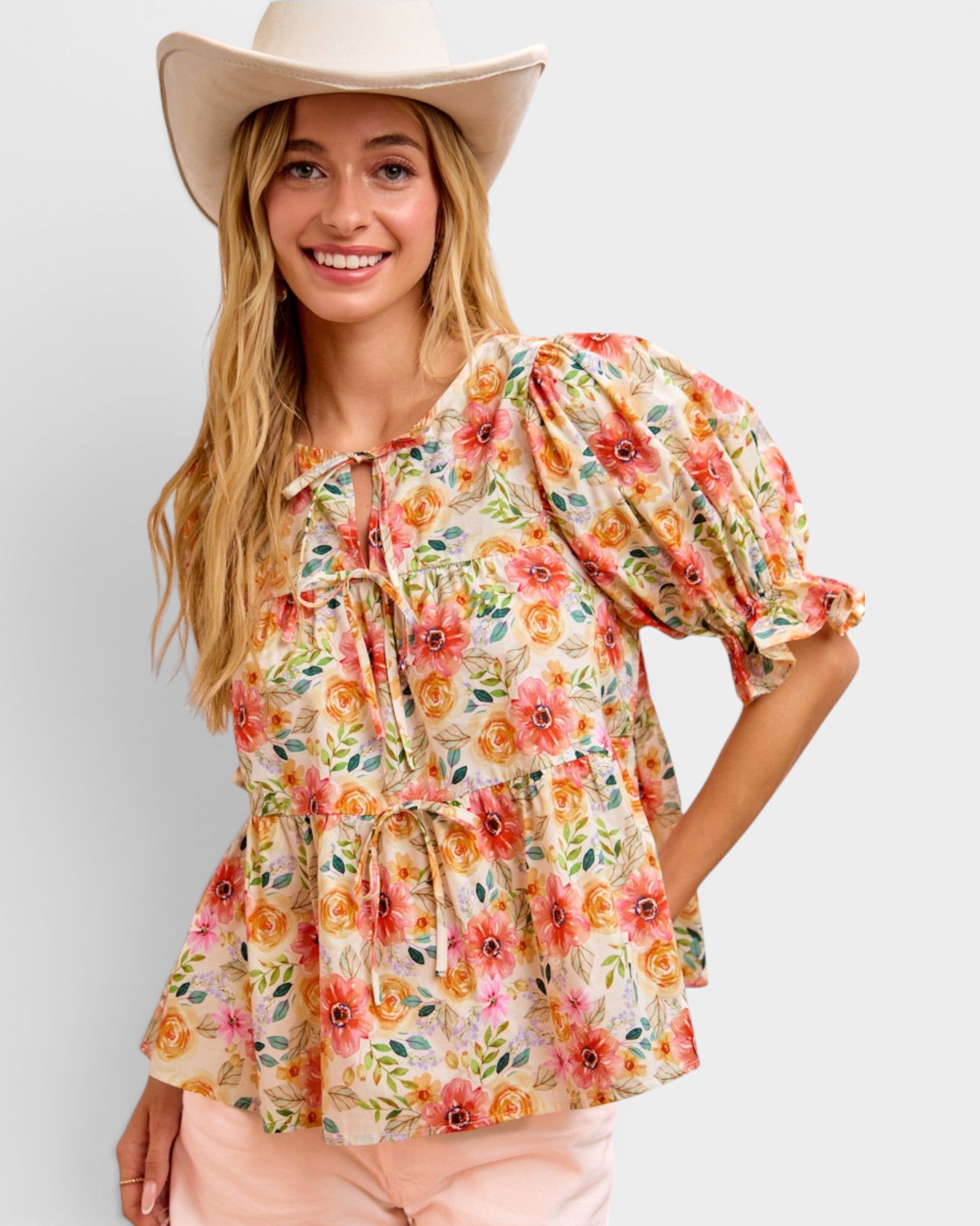 Coral Floral Tie Front Peplum Top