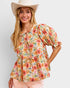 Coral Floral Tie Front Peplum Top