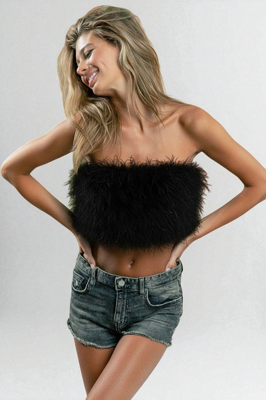 Black Feather Trim Tube Top