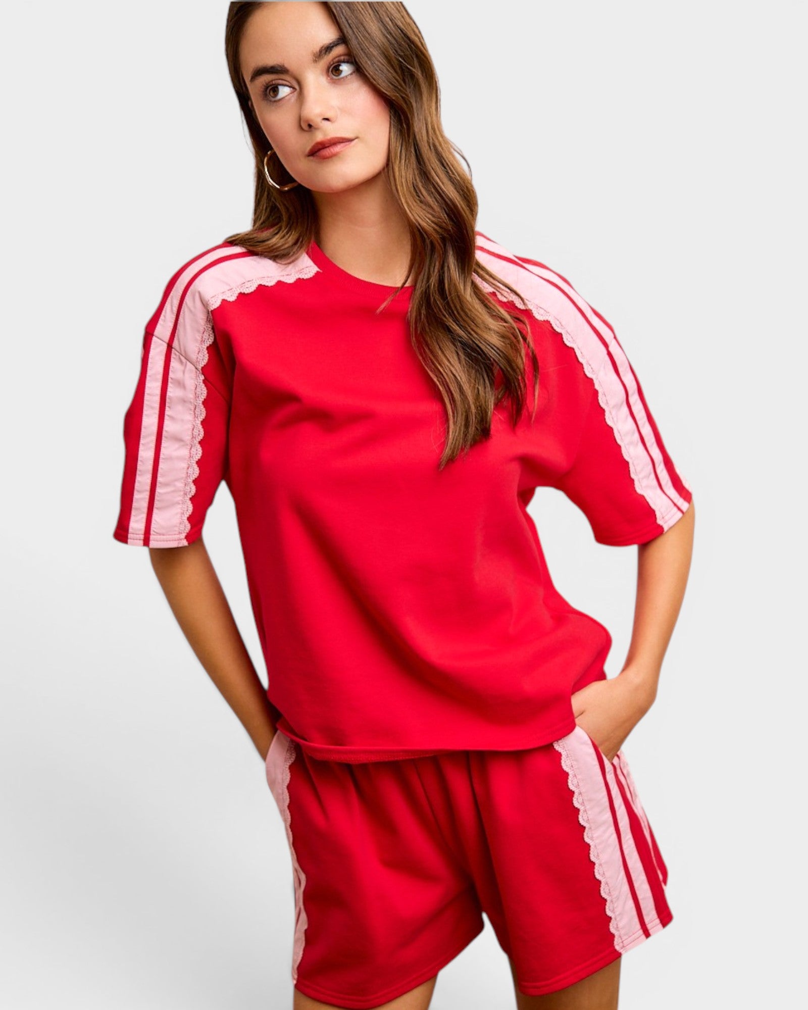 Red & Blush Contrast Sleeve Tee