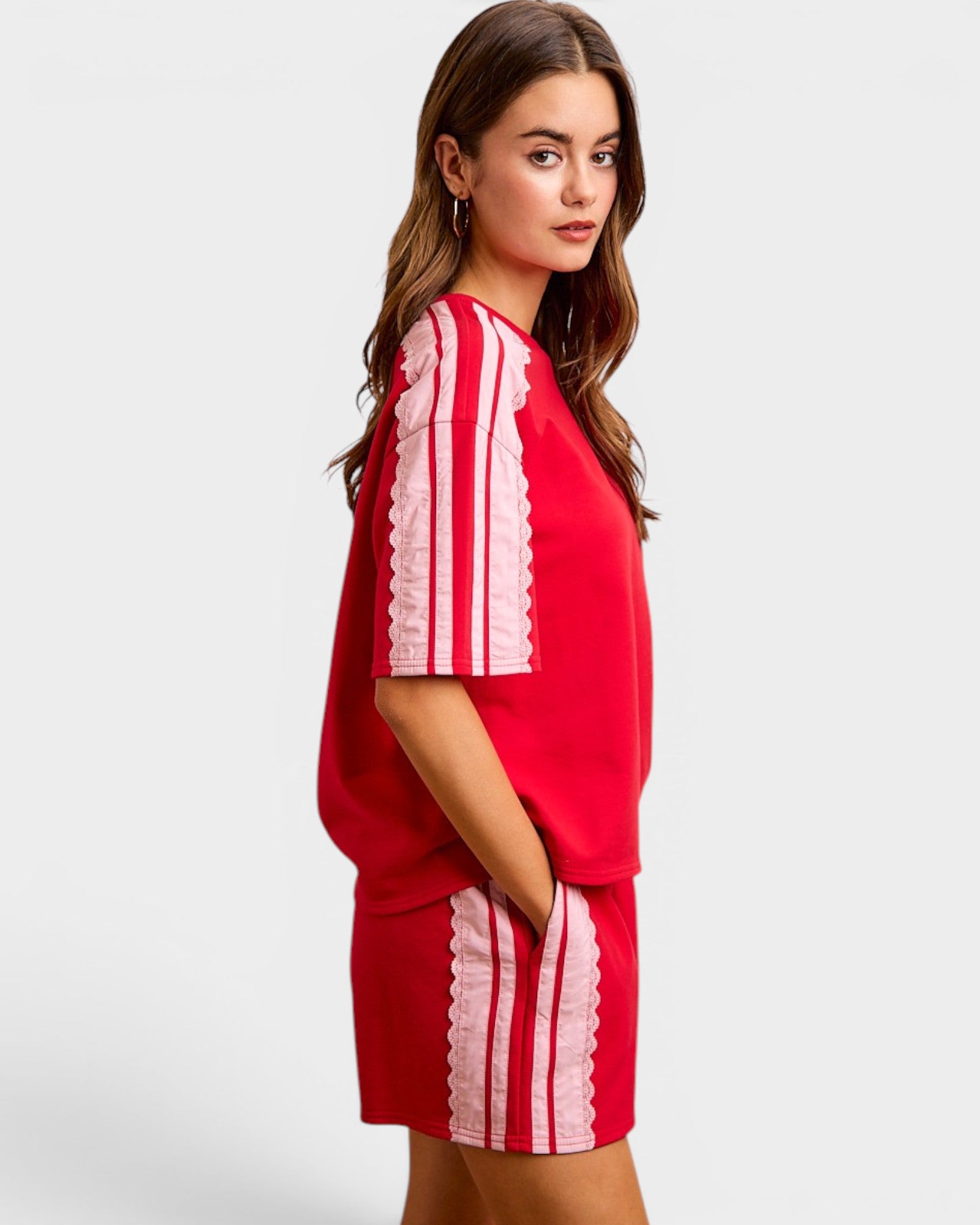 Red & Blush Contrast Sleeve Tee