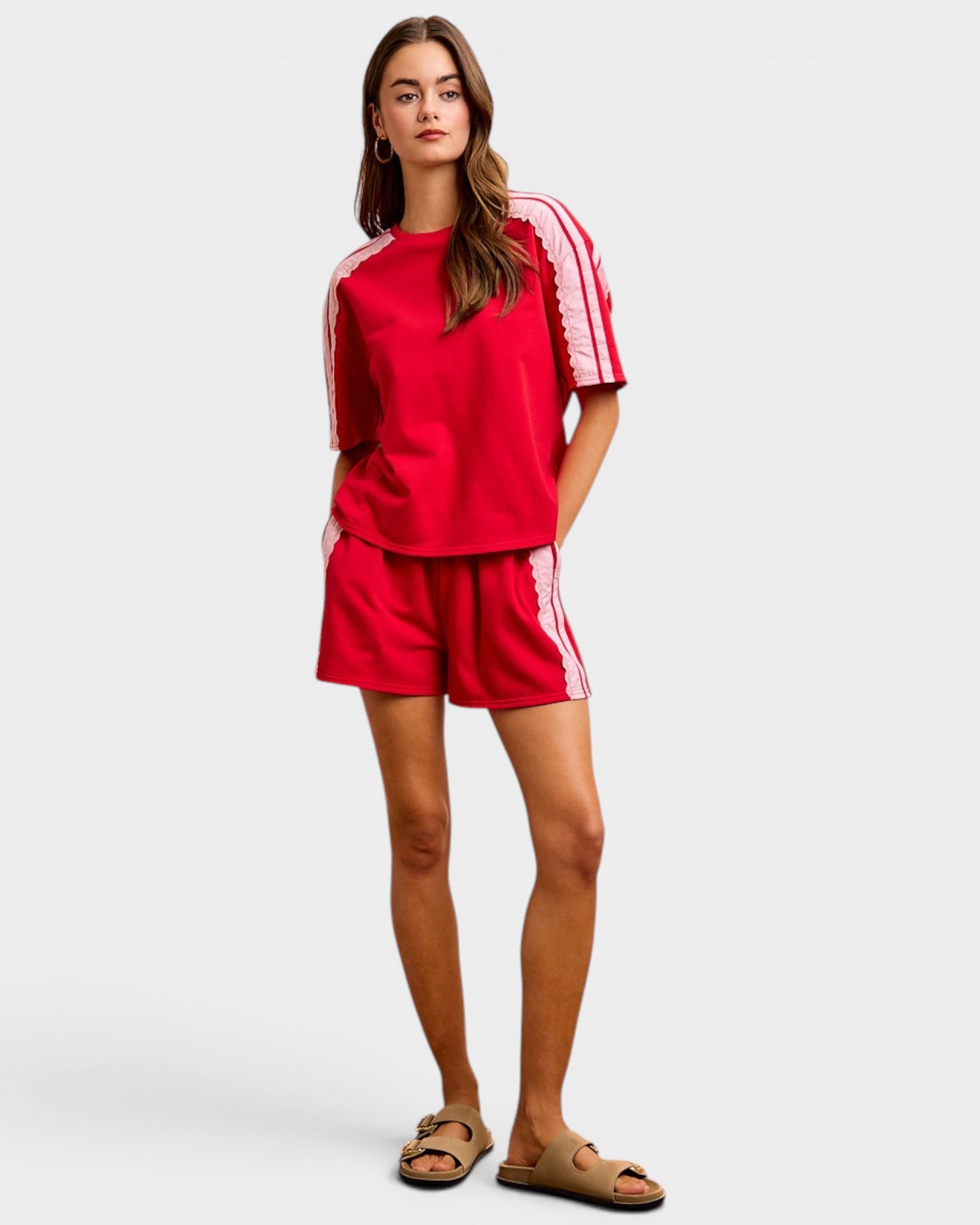 Red & Blush Contrast Sleeve Tee