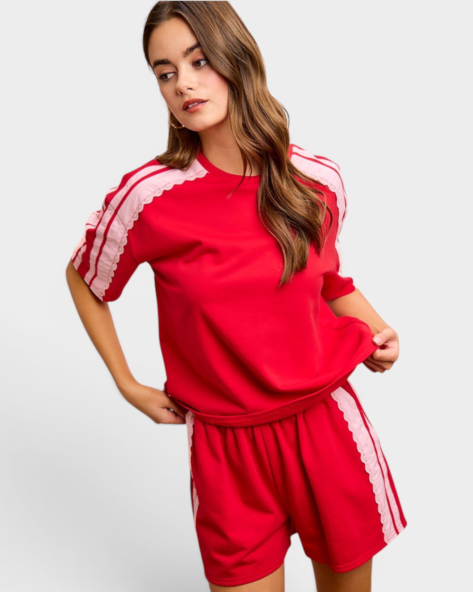 Red & Blush Contrast Sleeve Tee
