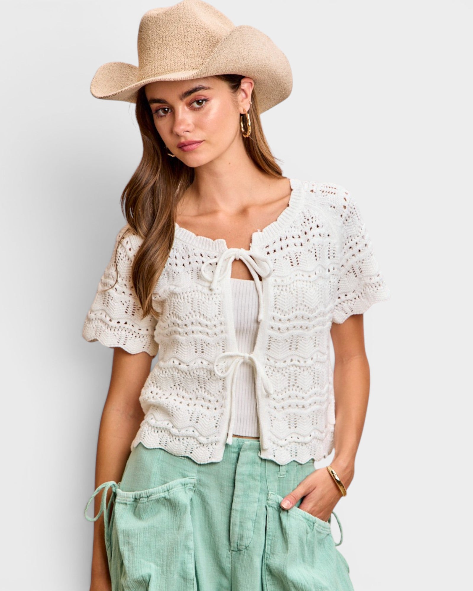Ivory Tie Front Open Knit Cardigan