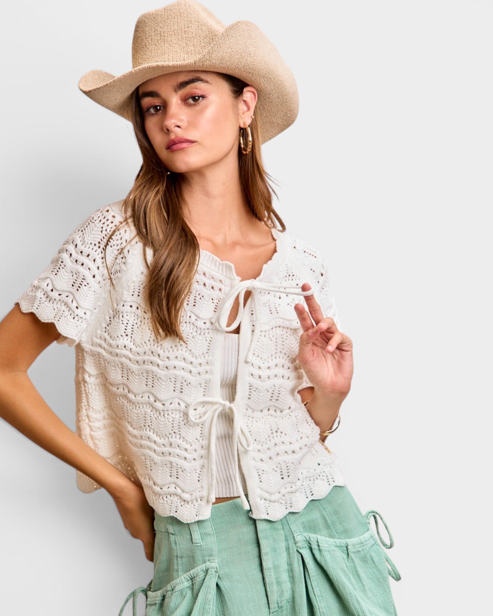 Ivory Tie Front Open Knit Cardigan