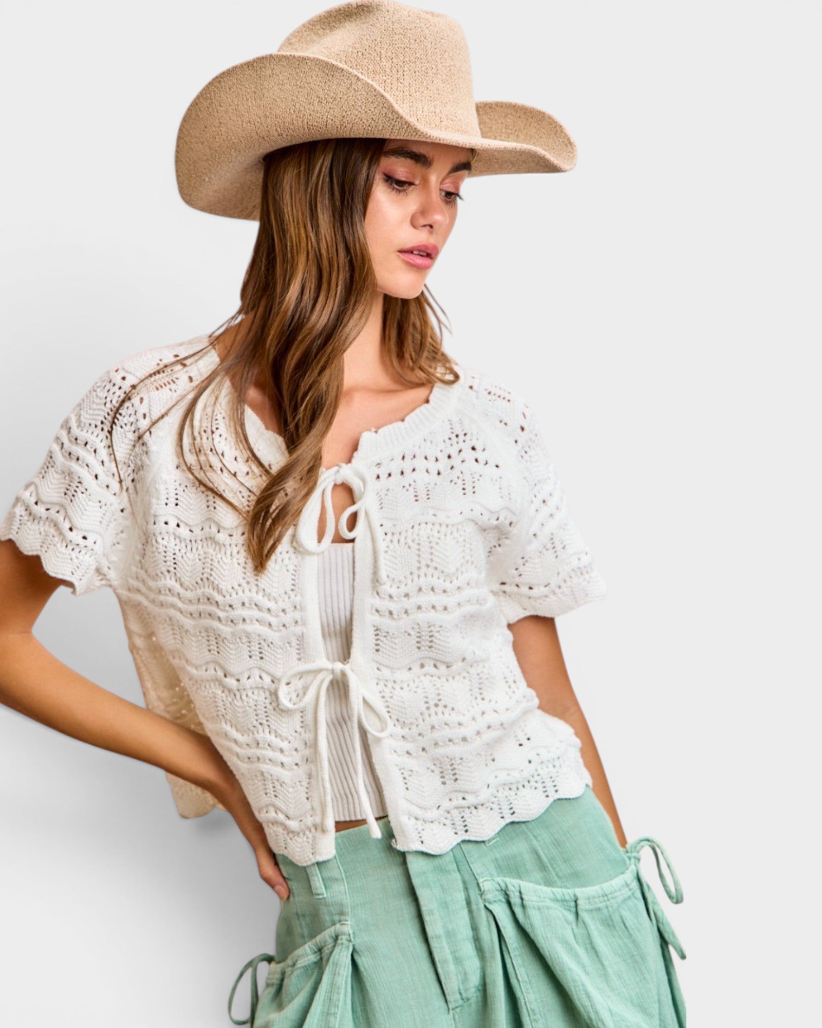 Ivory Tie Front Open Knit Cardigan