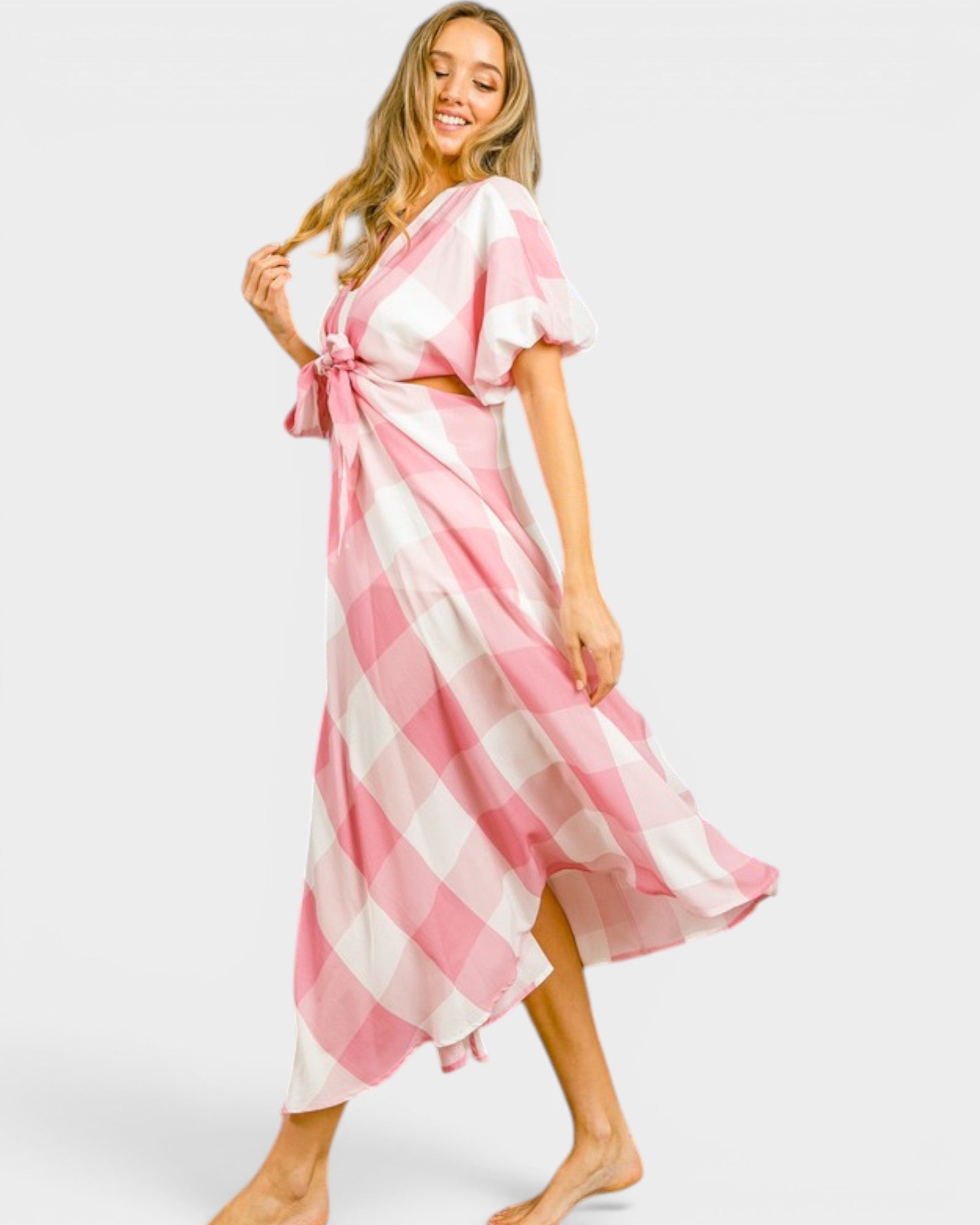 Pink & White Checkered Midi Dress