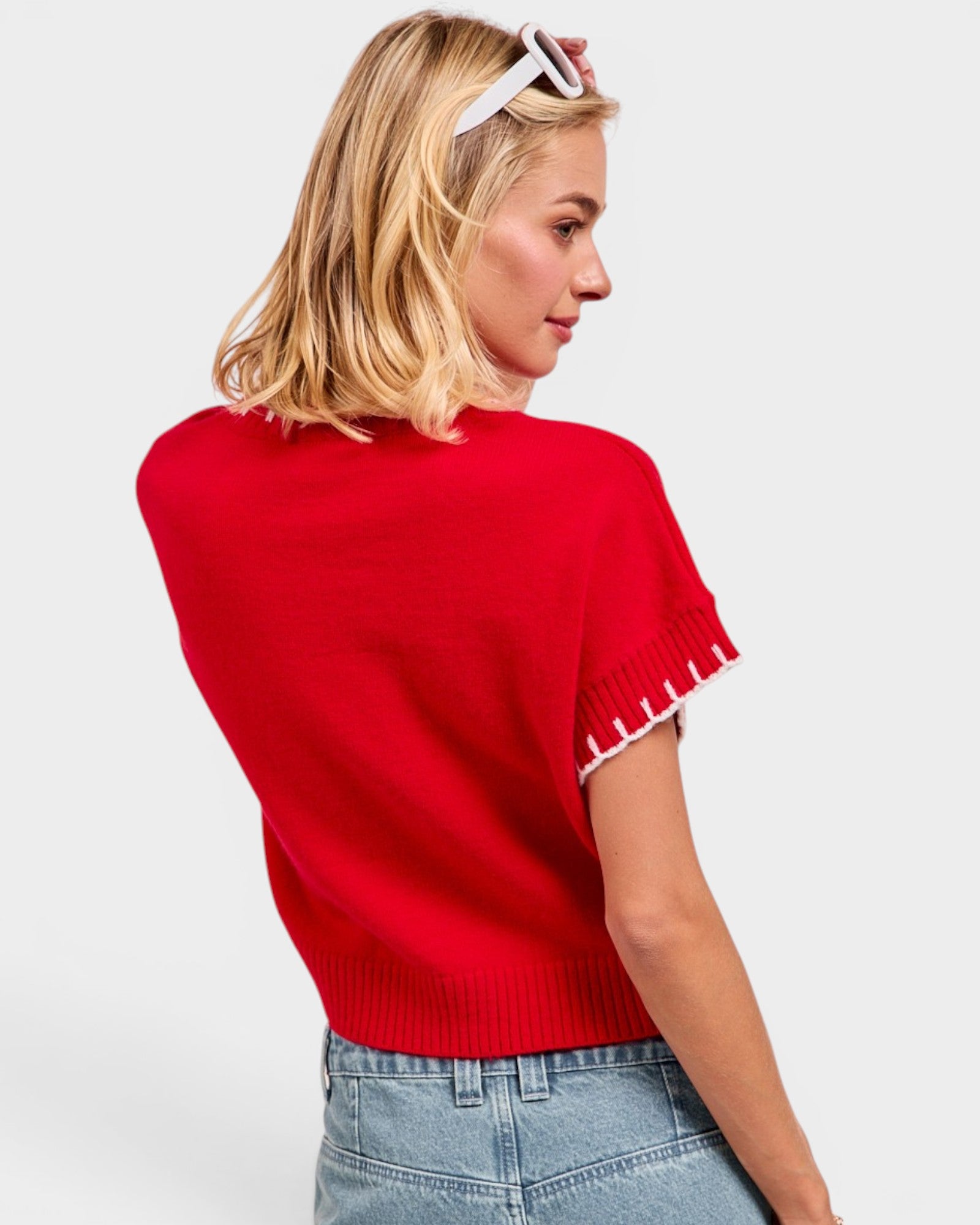 Red Sequin Football Short Sleeve Sweater