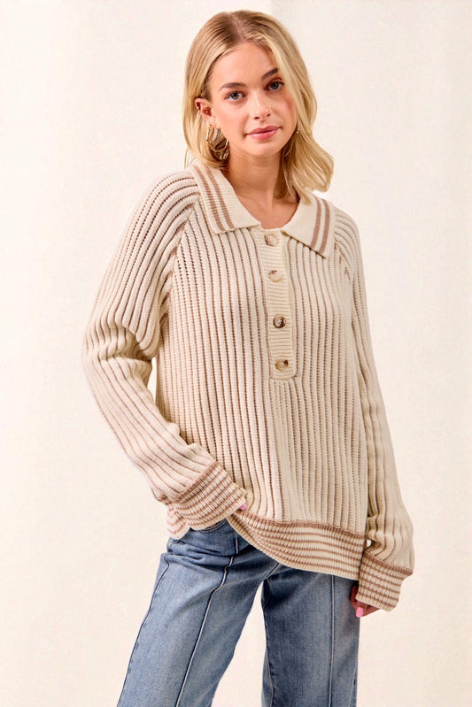 Cream Ribbed Knit Collared Henley Sweater