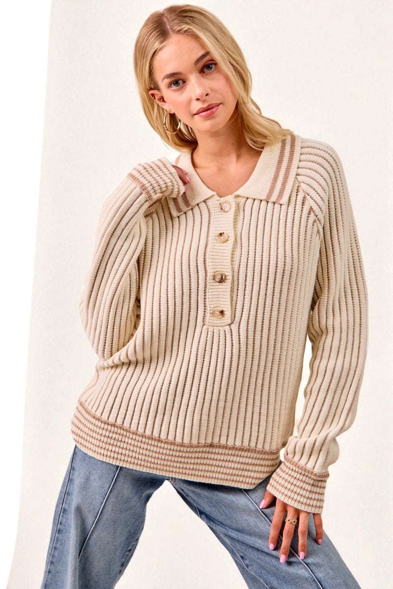 Cream Ribbed Knit Collared Henley Sweater