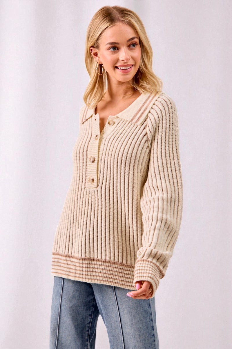 Cream Ribbed Knit Collared Henley Sweater