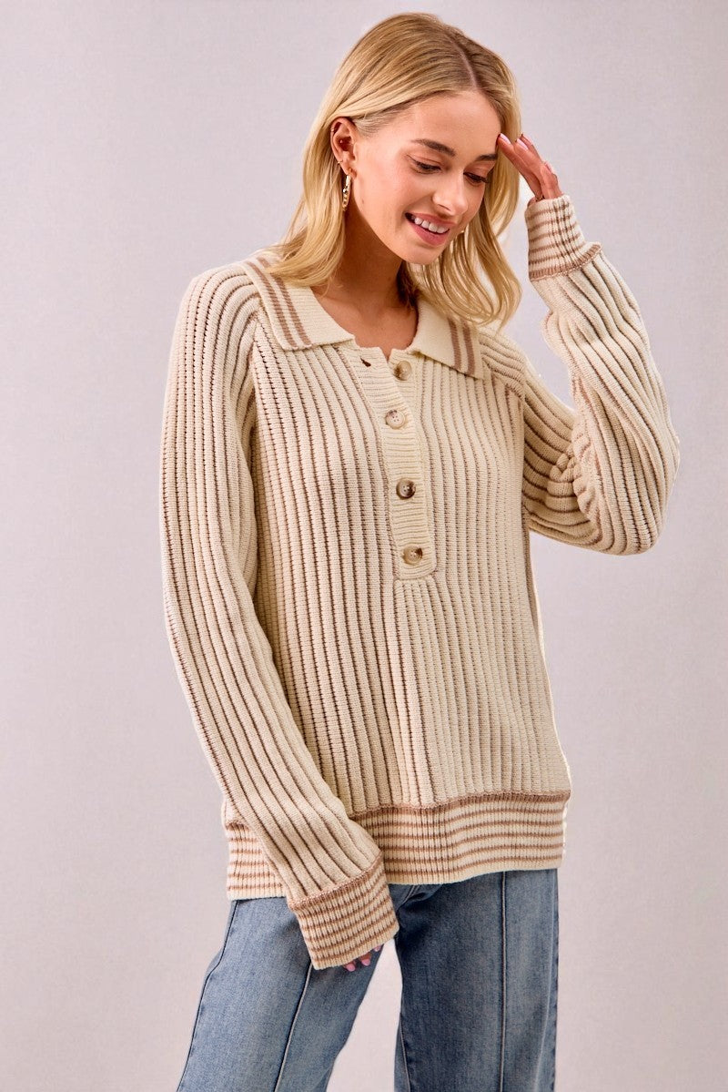 Cream Ribbed Knit Collared Henley Sweater