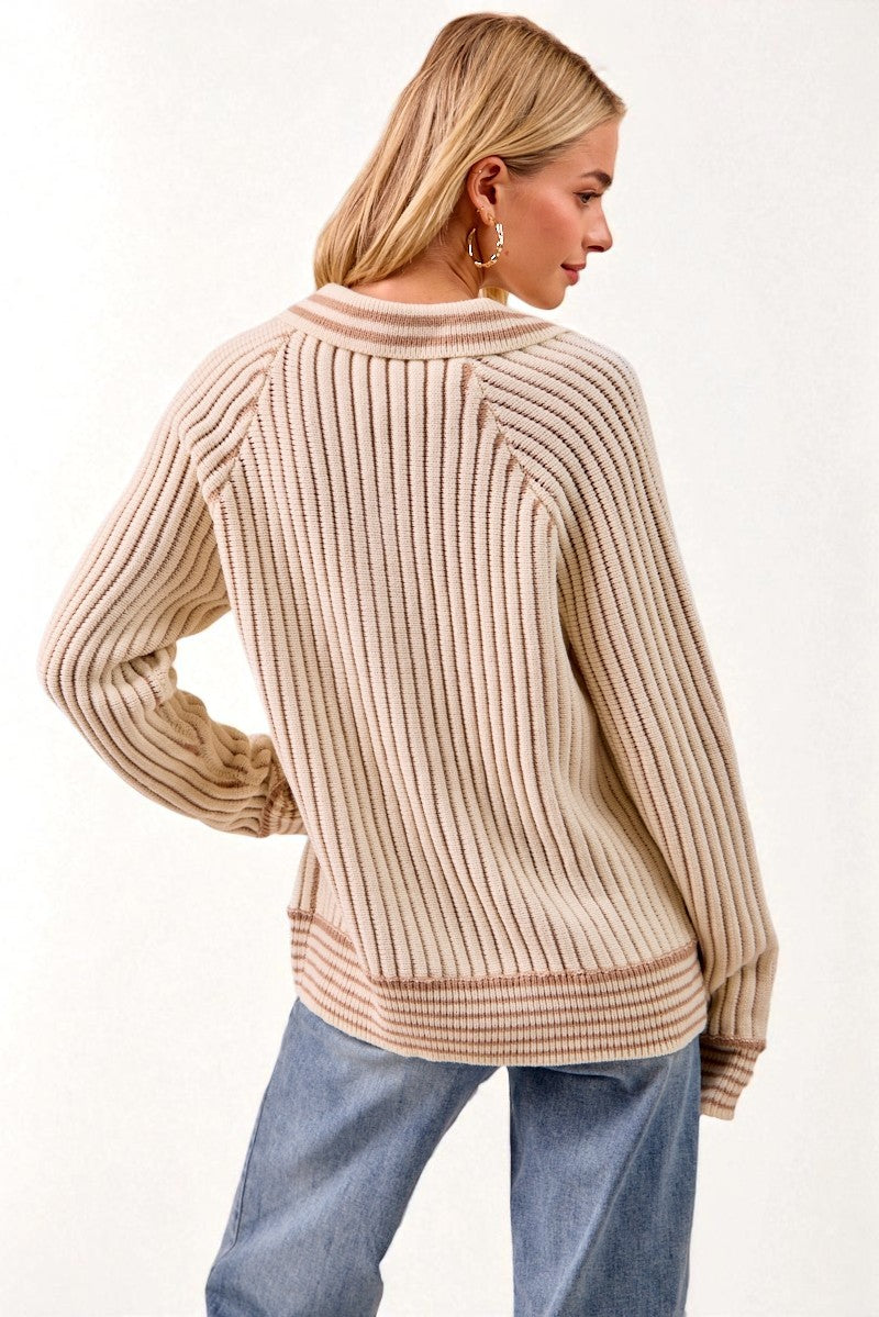 Cream Ribbed Knit Collared Henley Sweater