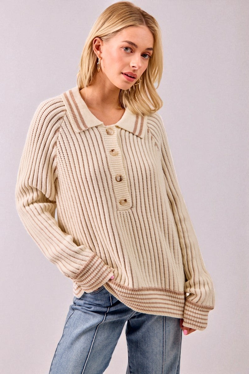 Cream Ribbed Knit Collared Henley Sweater