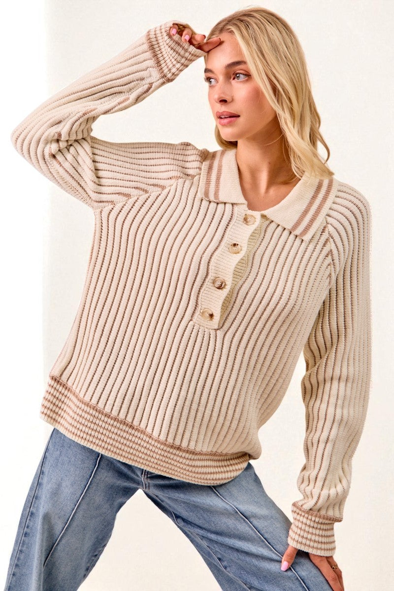 Cream Ribbed Knit Collared Henley Sweater