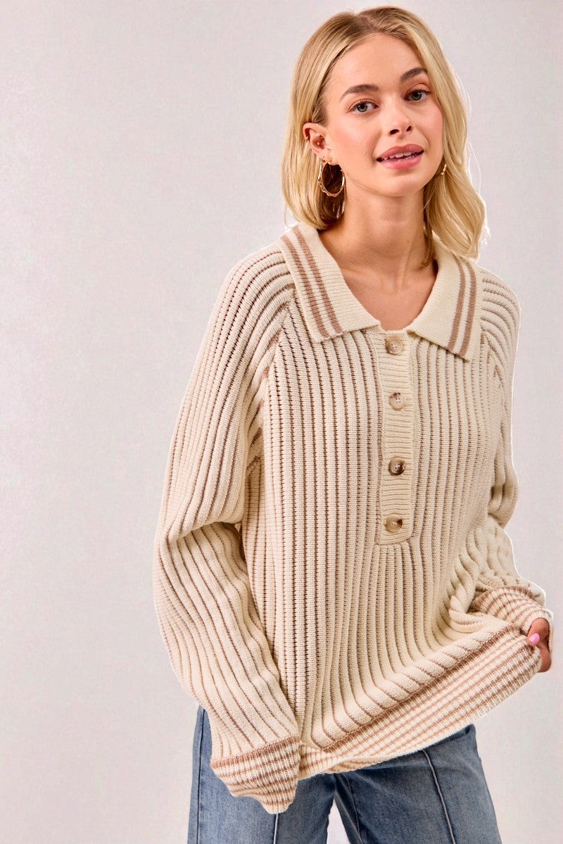Cream Ribbed Knit Collared Henley Sweater