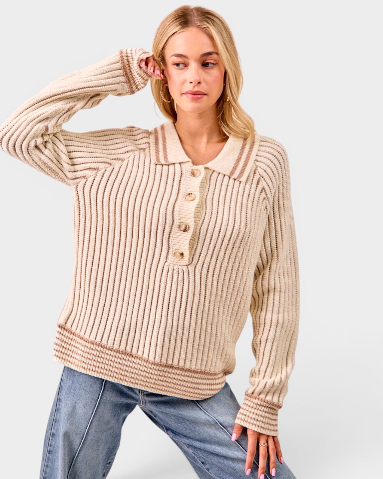 Cream Ribbed Collared Sweater