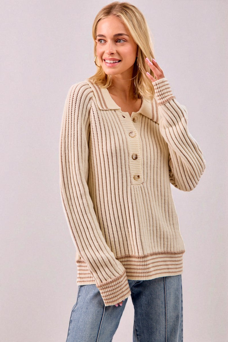 Cream Ribbed Knit Collared Henley Sweater