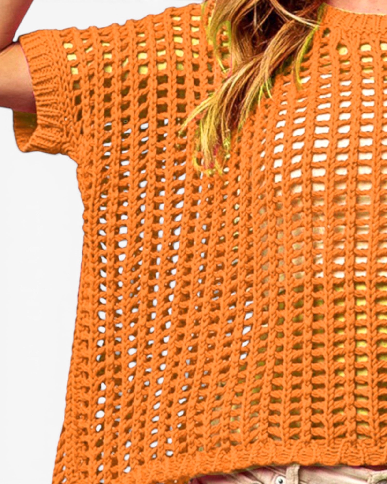Haut en tricot crocheté à manches courtes en orange