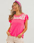 T-shirt col rond contrasté léopard en rose fluo