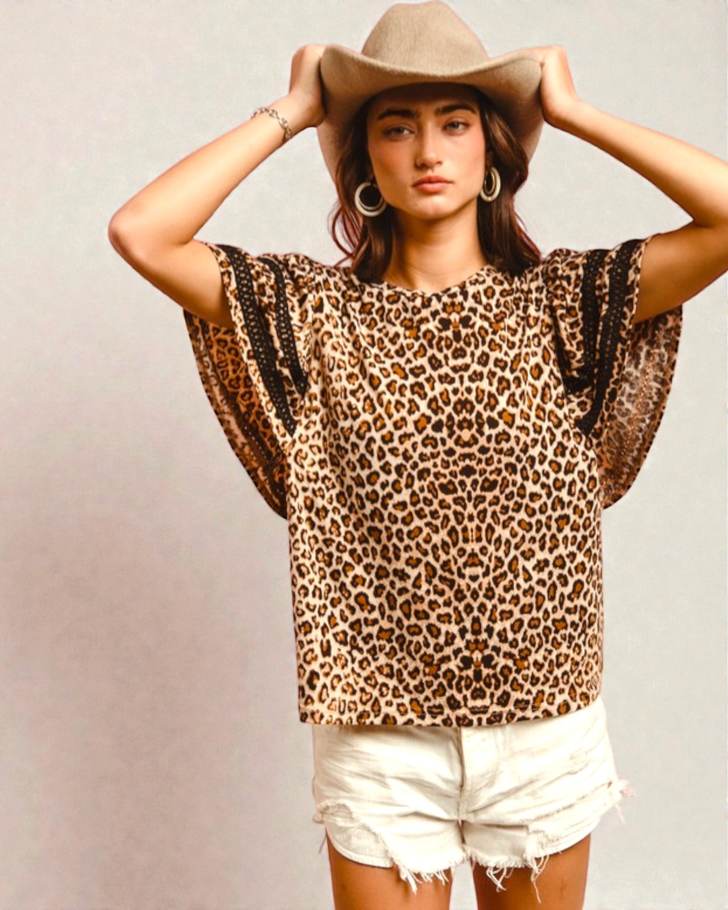 Leopard Lace Trim Short Sleeve Top