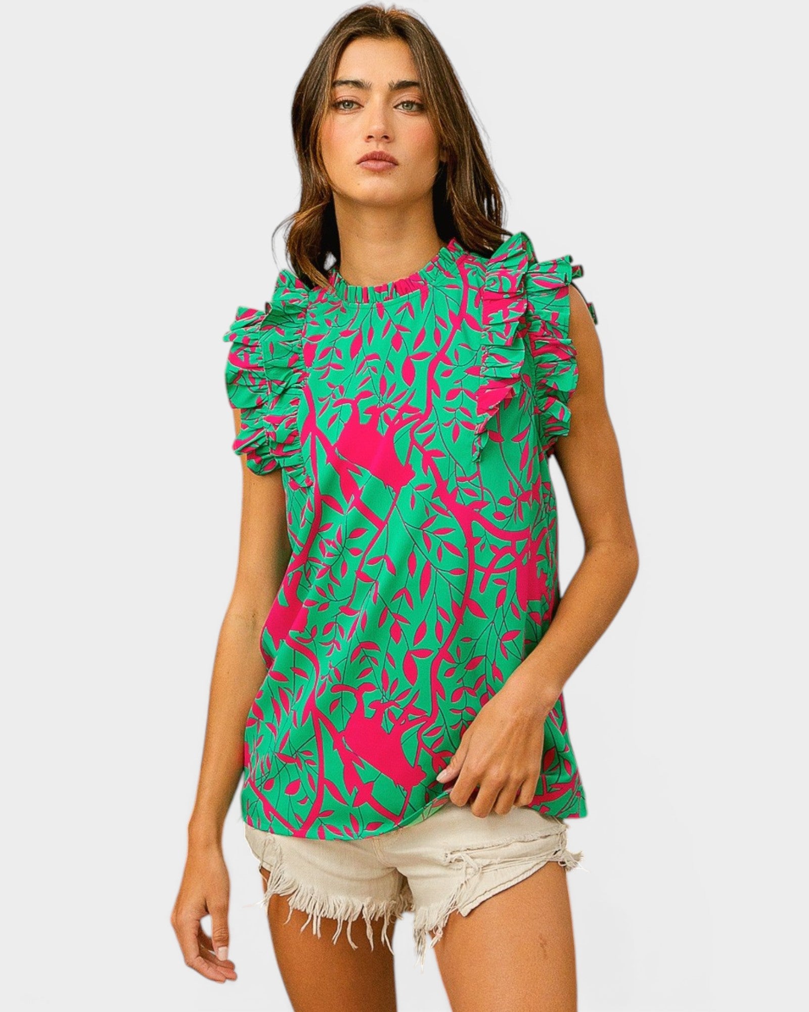Hot Pink & Emerald Vine Print Ruffle Sleeve Top