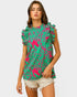 Hot Pink & Emerald Vine Print Ruffle Sleeve Top