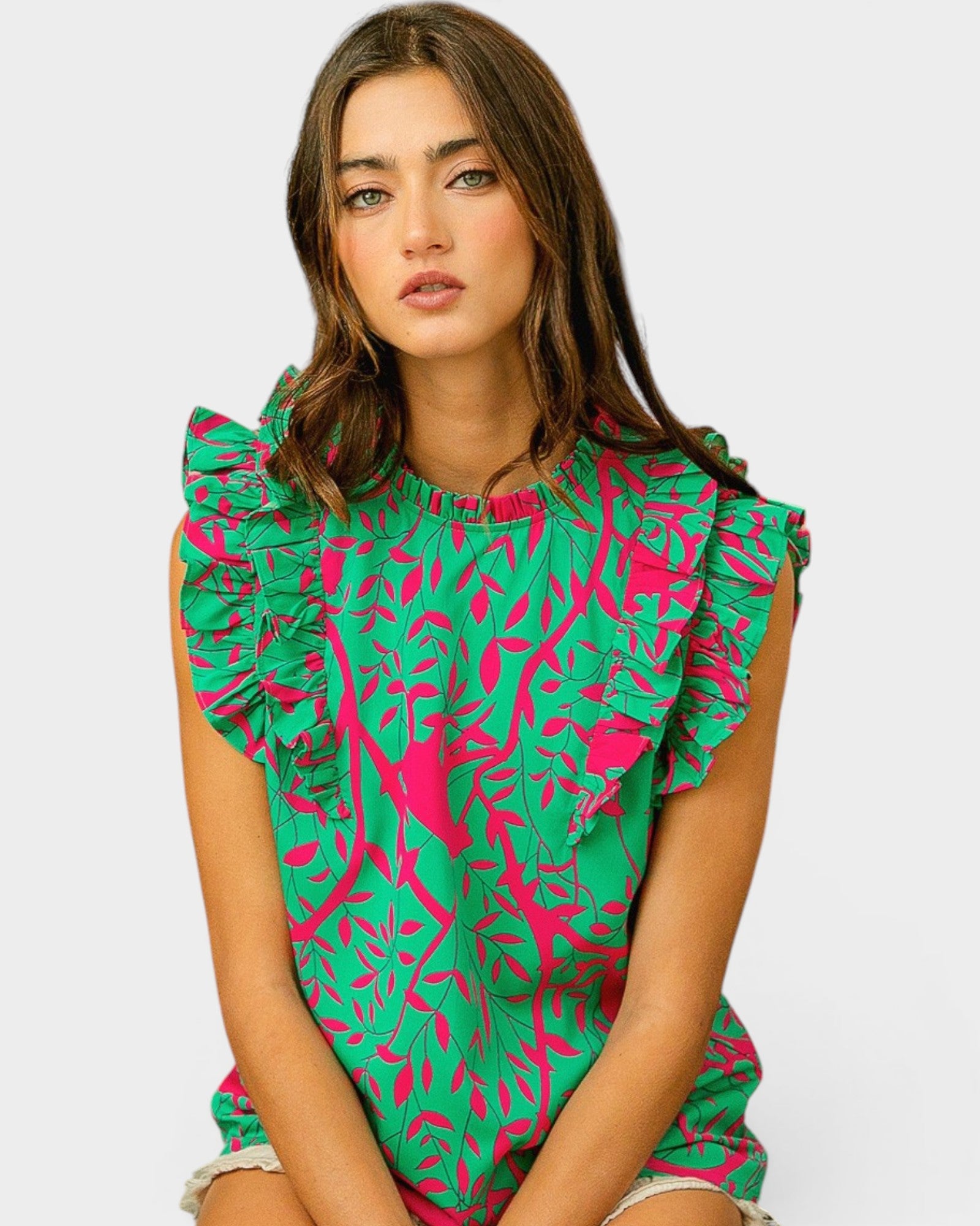 Hot Pink & Emerald Vine Print Ruffle Sleeve Top
