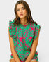 Hot Pink & Emerald Vine Print Ruffle Sleeve Top