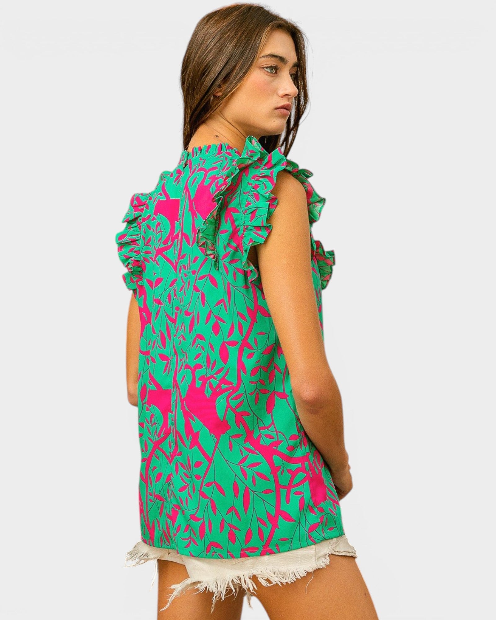 Hot Pink & Emerald Vine Print Ruffle Sleeve Top