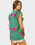 Hot Pink & Emerald Vine Print Ruffle Sleeve Top