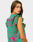 Hot Pink & Emerald Vine Print Ruffle Sleeve Top