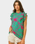 Hot Pink & Emerald Vine Print Ruffle Sleeve Top