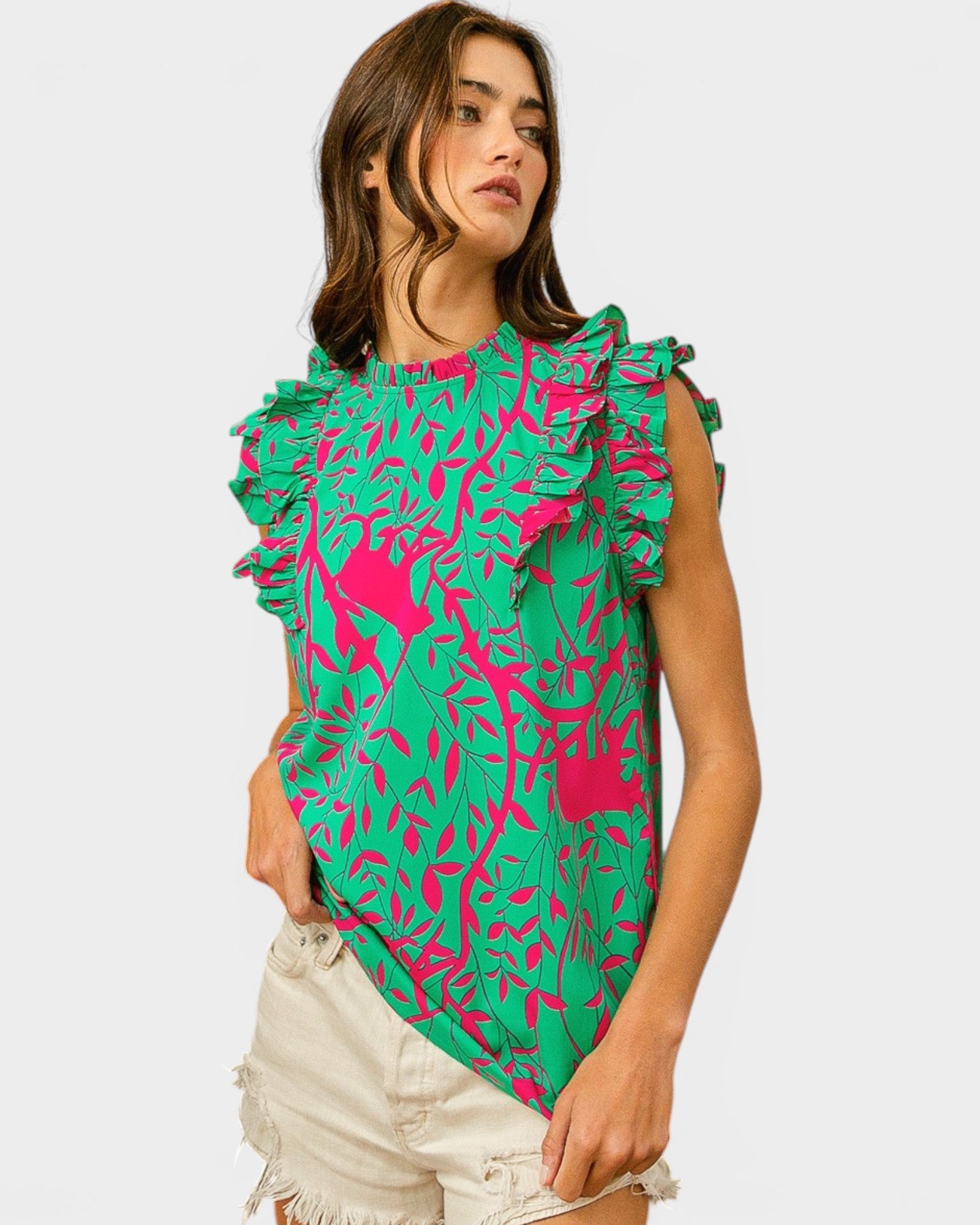 Hot Pink & Emerald Vine Print Ruffle Sleeve Top