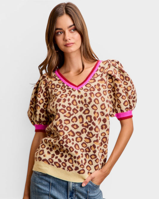 Beige & Pink Leopard Puff Sleeve Sweater