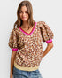 Beige & Pink Leopard Puff Sleeve Sweater