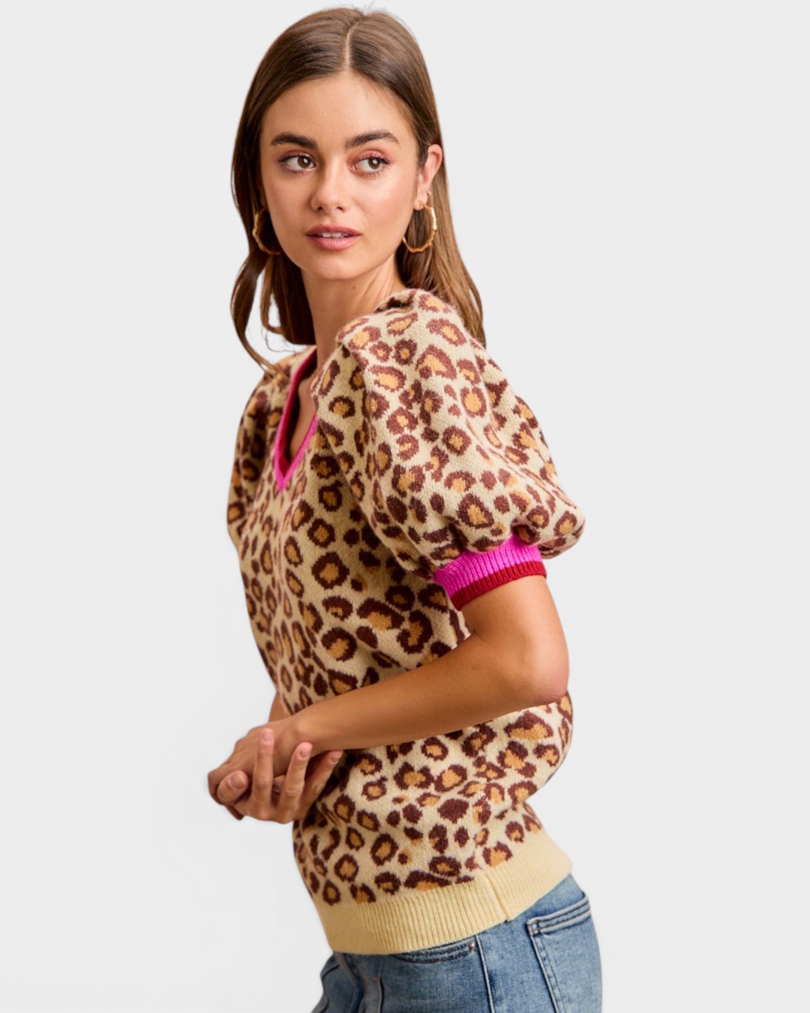 Beige & Pink Leopard Puff Sleeve Sweater