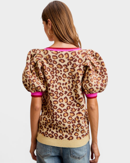 Beige & Pink Leopard Puff Sleeve Sweater