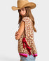 Child wearing a leopard print top with red accents and a cowboy hat on a white background
