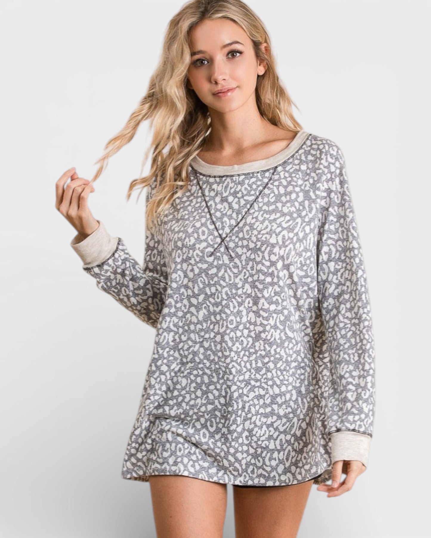 Gray Animal Print Long Sleeve Lounge Top