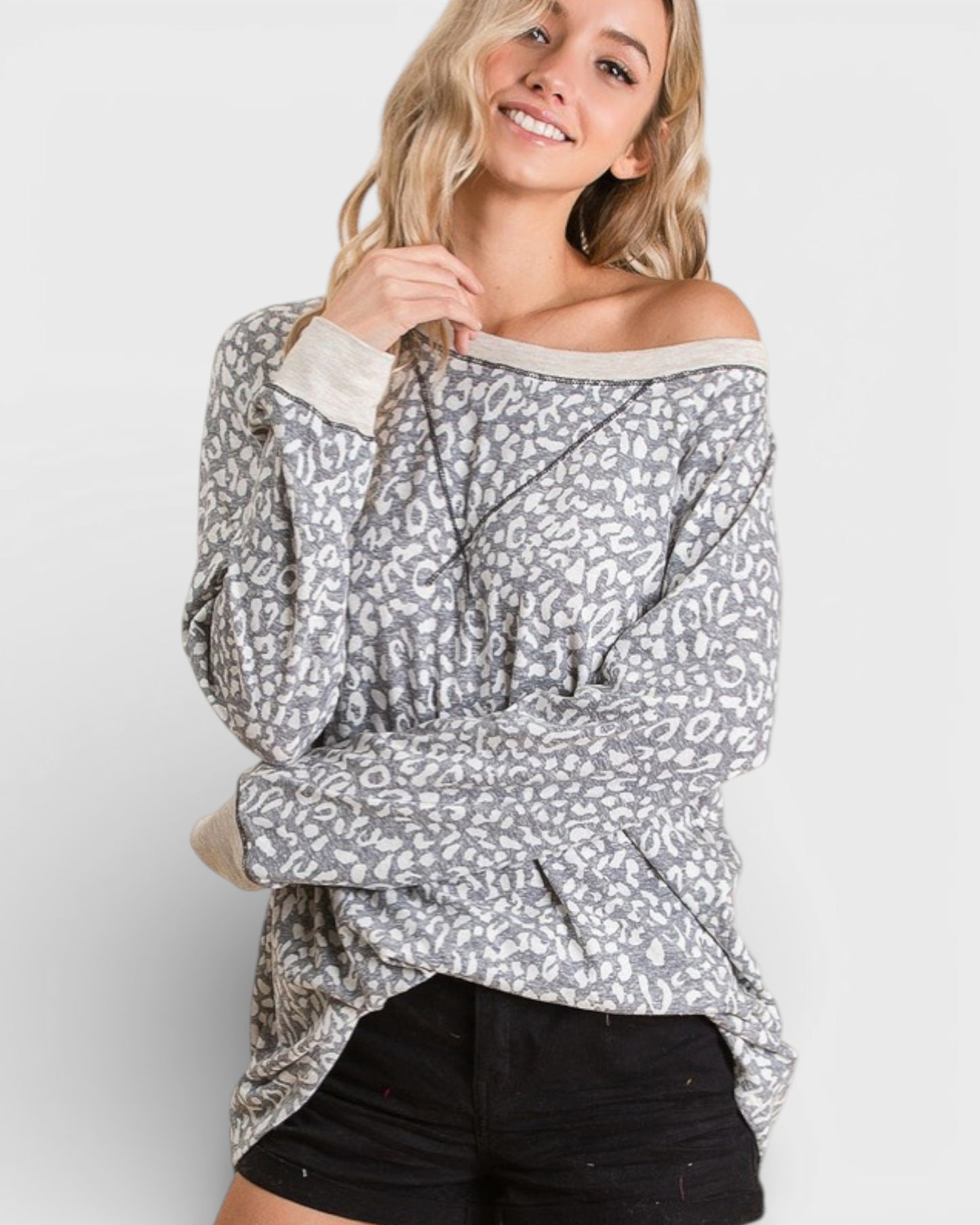 Gray Animal Print Long Sleeve Lounge Top