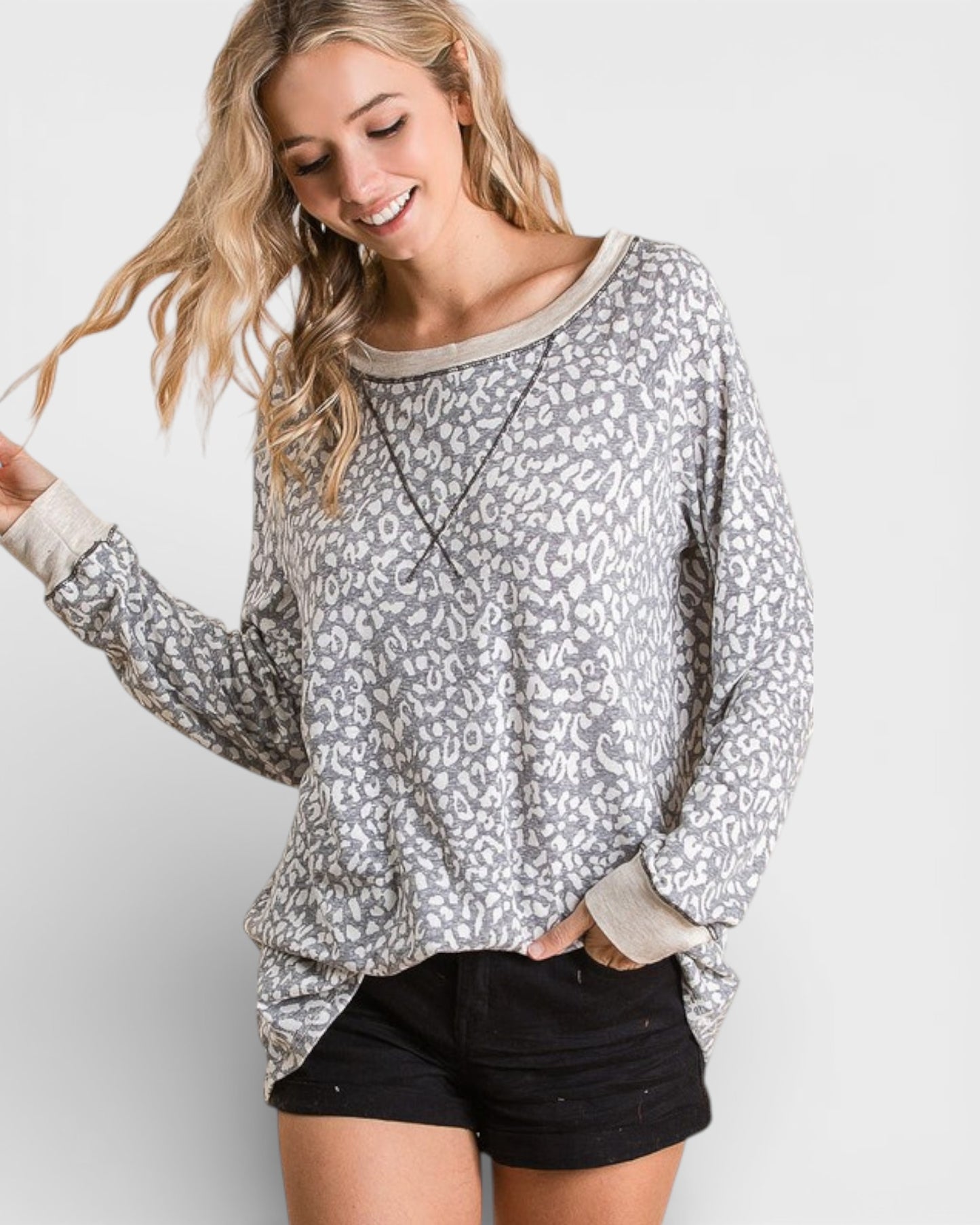 Gray Animal Print Long Sleeve Lounge Top