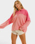 Woman wearing a pink color-blocked long-sleeve top on a white background
