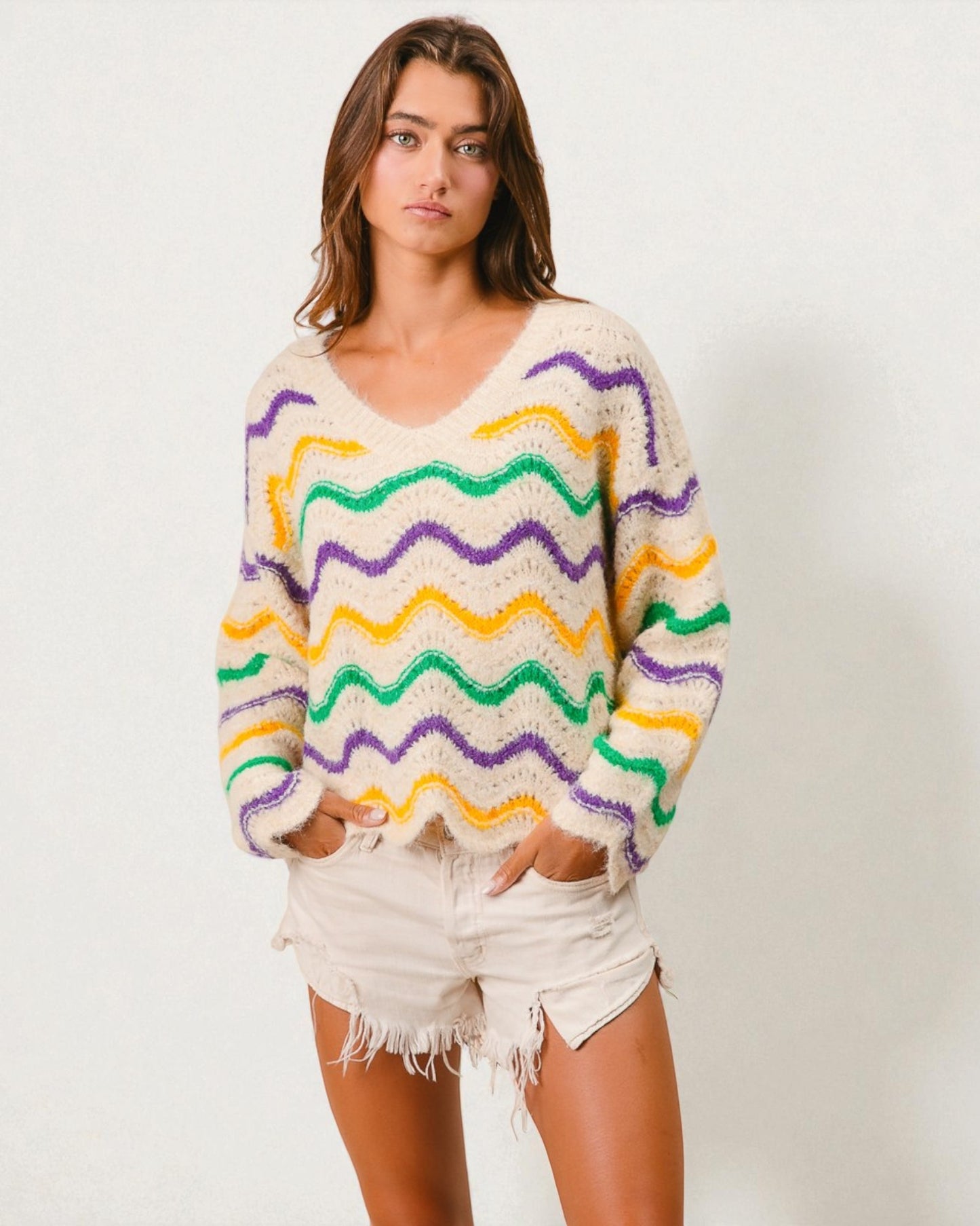 Cream Multi Wave Knit Sweater