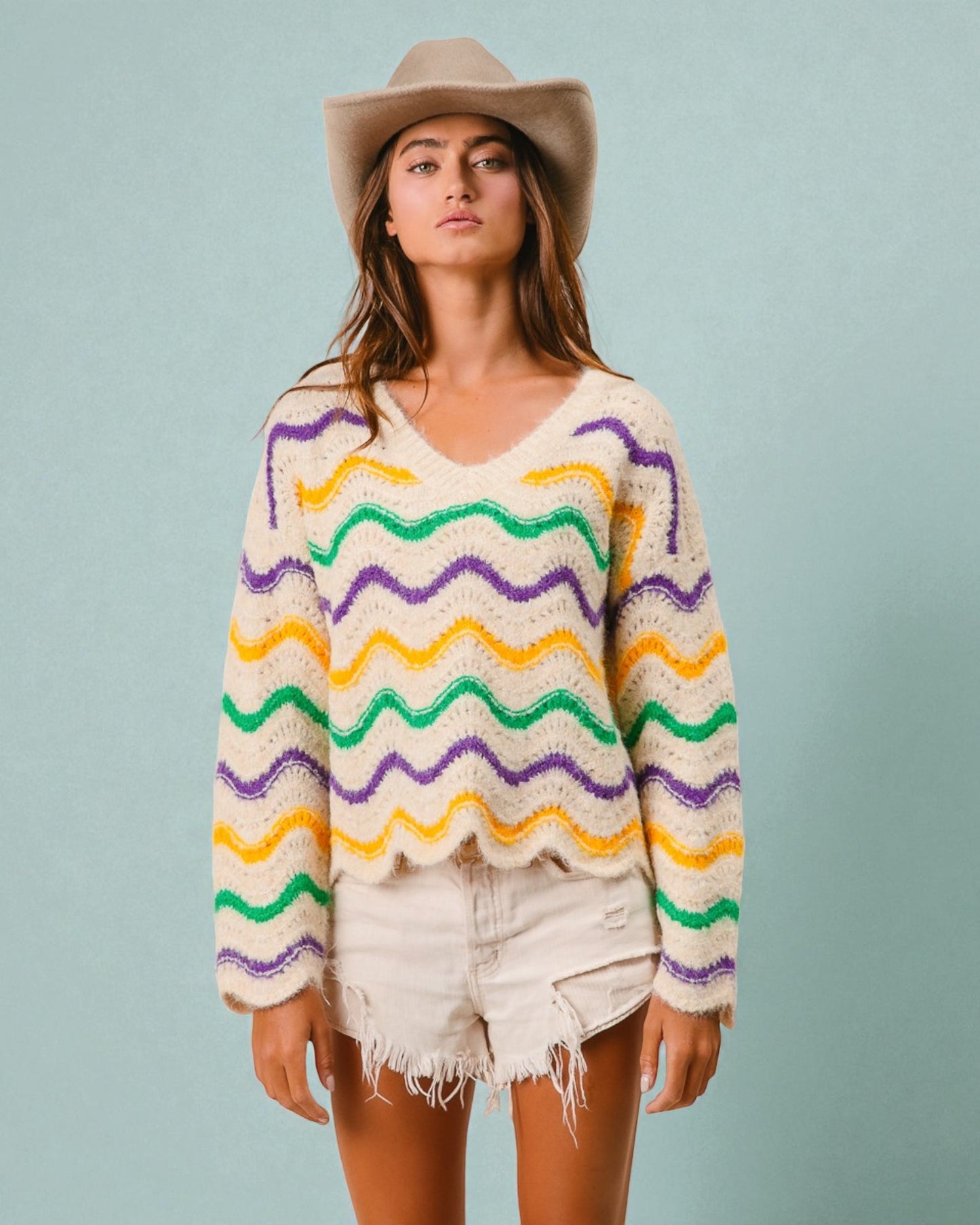 Cream Multi Wave Knit Sweater