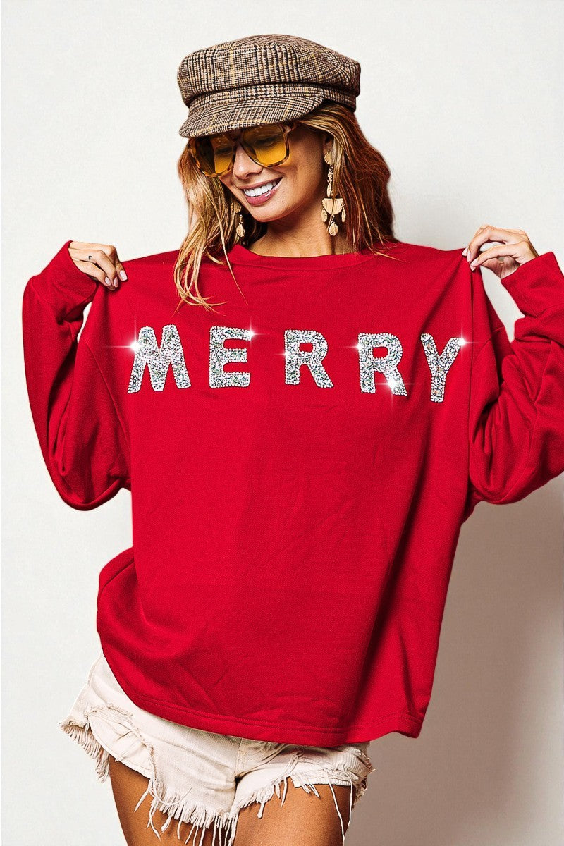Red “Merry” Glitter Sweatshirt