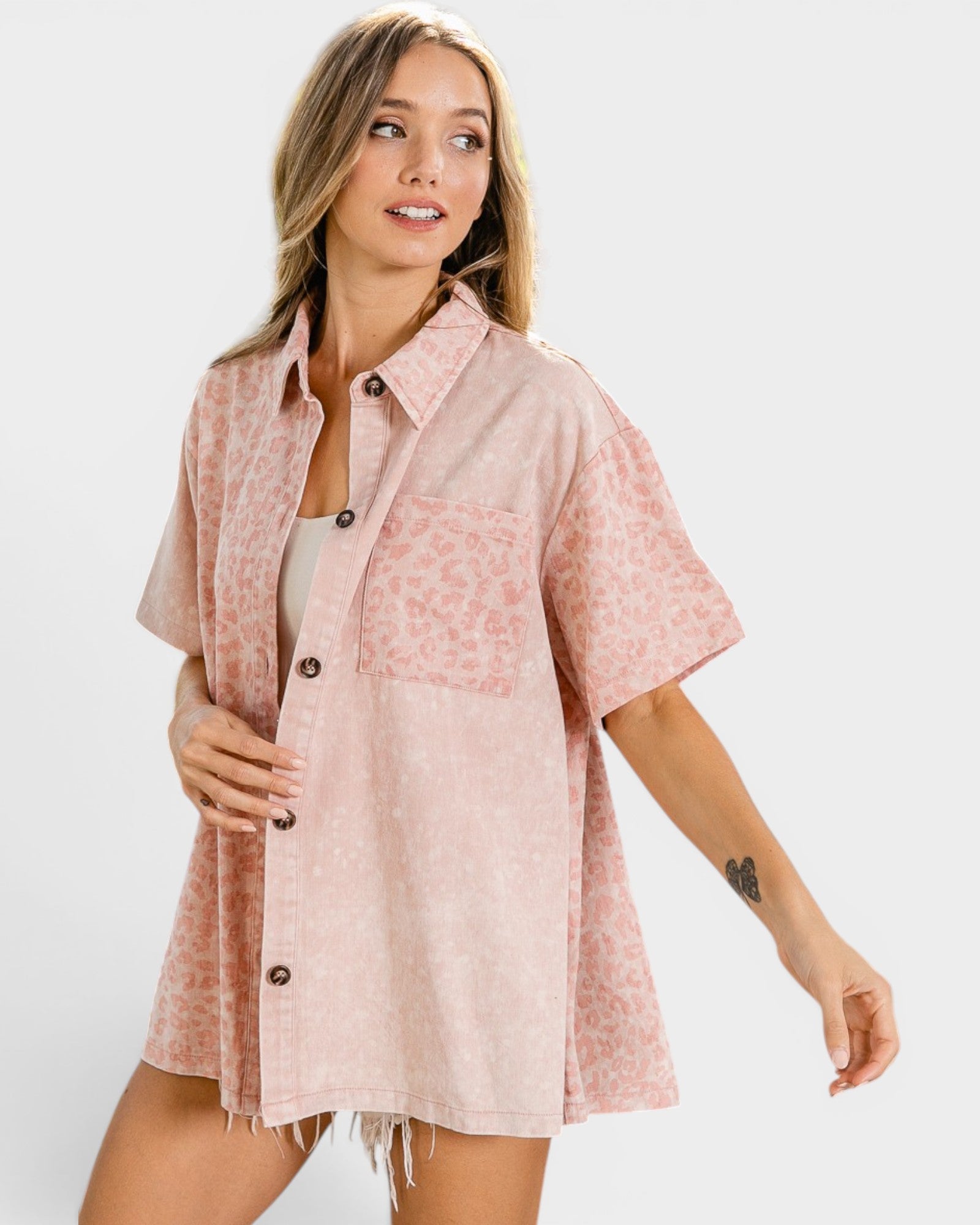 Blush Pink Leopard Print Button Front Shirt