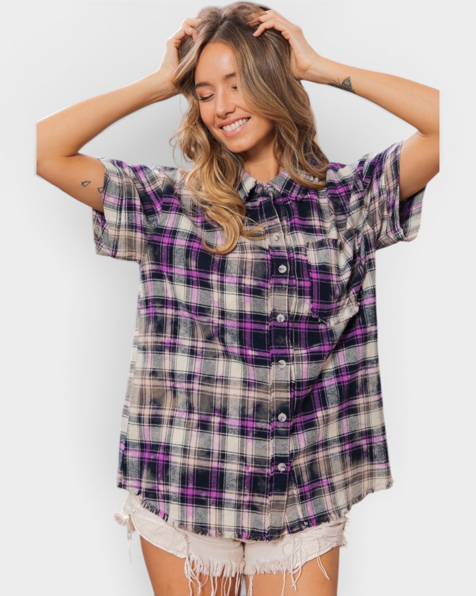 Gray & Purple Plaid Short Sleeve Button-Up Shirt